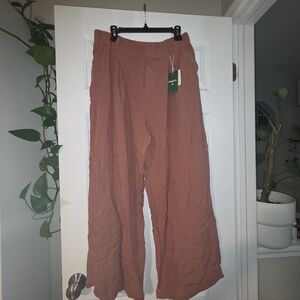 High Waisted Pocket Wide Leg Flowy Solid Palazzo Casual Linen-Feel Pants
